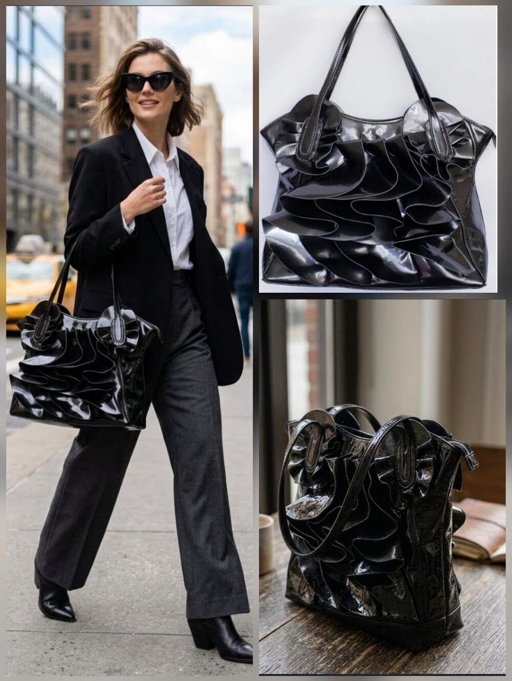 ❤️GALIEN NY>>> shiny steel gray/black hard ruffle purse🤍